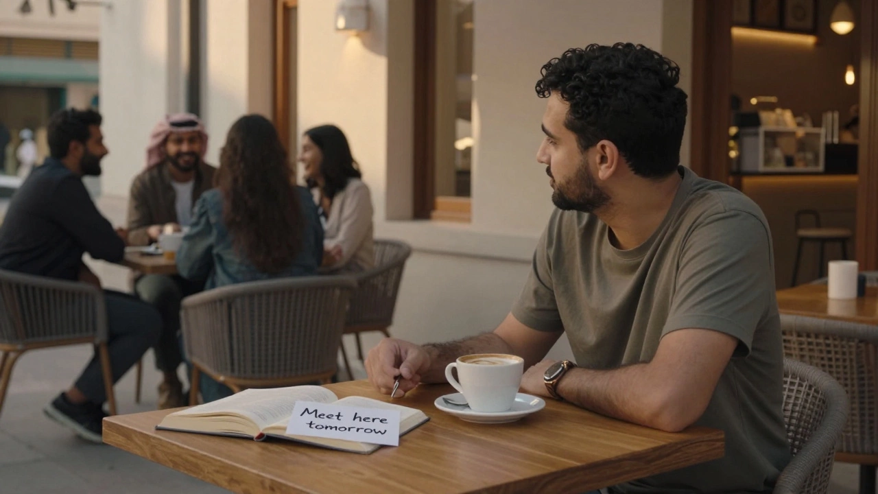 A man sits alone in a cozy Dubai café at golden hour, surrounded by others chatting, a handwritten note beside his coffee.