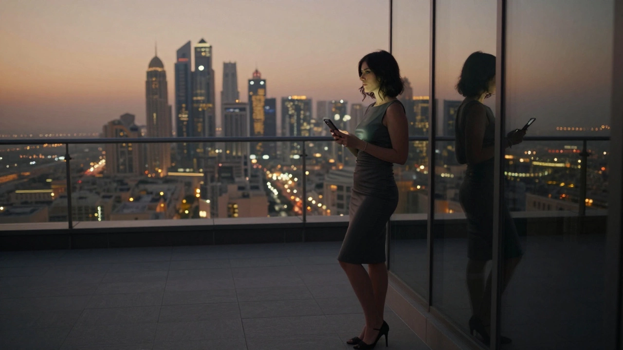 A solitary woman stands on a Dubai rooftop at dusk, gazing at the city skyline, her reflection visible in a window.