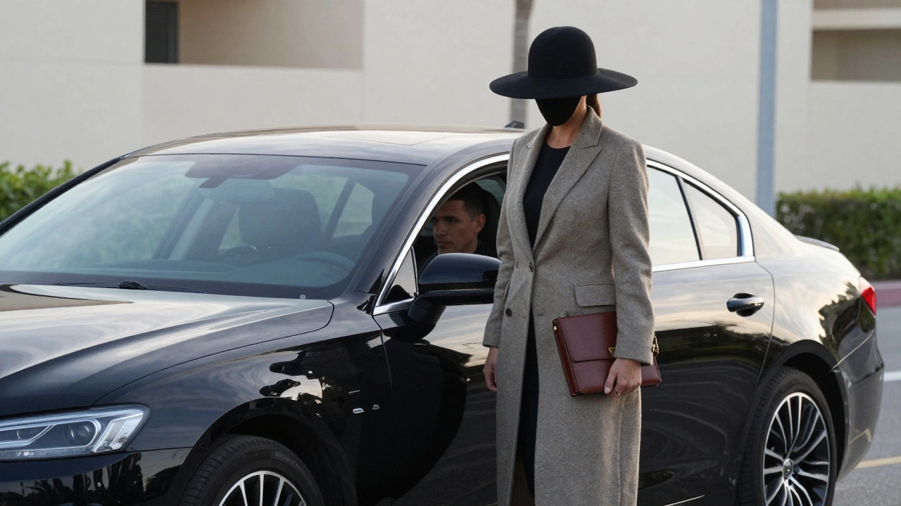 Unmarked black sedan outside a secure Dubai residence, a woman in coat stepping out, face hidden, emphasizing privacy.